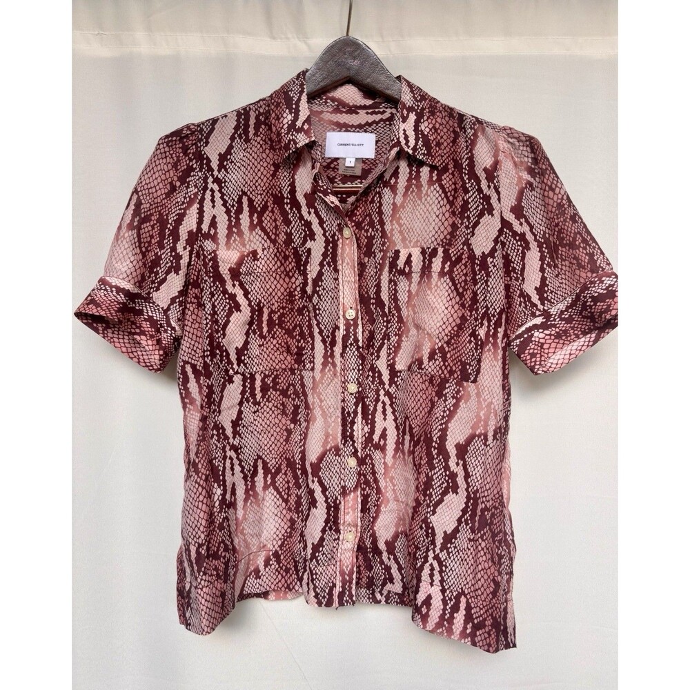 Current/Elliot Women Size 1 Bermuda Top Shirt Pink Snake Print Cotton Silk Blend